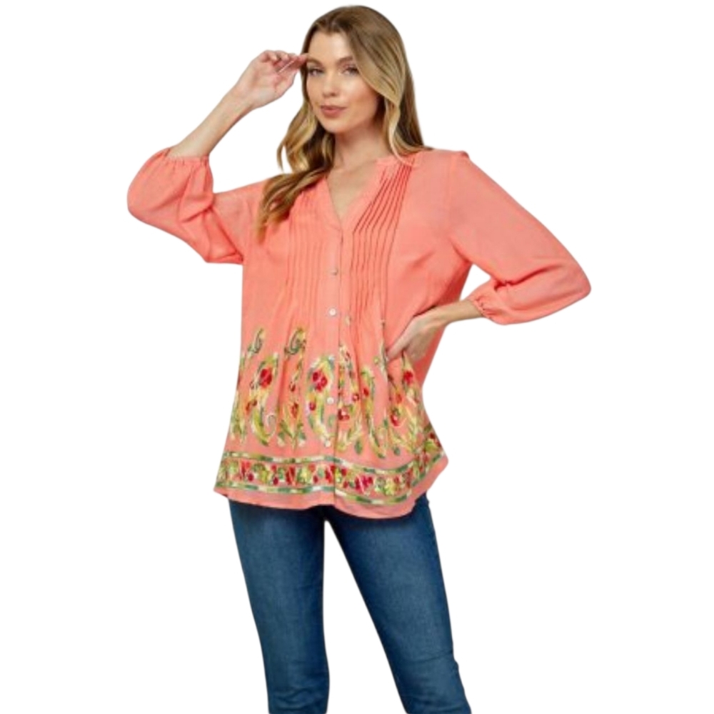 Women's Coral Pintuck Tunic Top with Floral Border